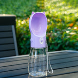 Portable Dog Water Bottle with Bowl Dispenser-550ml Purple Pet Travel Cup, Leak-proof, One-Hand Operation