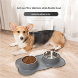 Non-Slip Stainless Steel Double Pet Bowl Set with Spill-Resistant Silicone Mat 45*27cm Grey - Front View