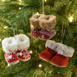 Knitted Christmas Boot Ornaments with Faux Fur Trim - Set of 3 Hanging Decorations - Front View