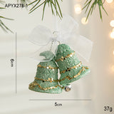 Green Glitter Christmas Bell Ornaments with White Bow - Hanging Holiday Decoration 5 pieces - Front View
