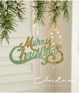 Green and Gold Glitter Merry Christmas Hanging Ornament -Festive Holiday Decoration 5 pieces - Side View