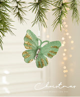 Green Glitter Butterfly Christmas Ornament with Gold Accents - Hanging Holiday Decoration 5 pieces - Front View