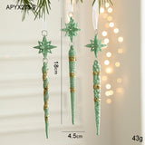 Green Glitter Icicle Christmas Ornaments with Star Tops - Set of 3 Hanging Decorations(5 set in total) - Front View