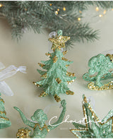 Green Glitter Christmas Tree Ornament with Gold Star Top - Hanging Festive Decoration 5 pieces - Side View