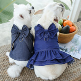 Pet Denim Harness Dress Set (2 Pieces) - M Size (42cm Chest for 5-8 lb Pets) with T-Shirt and Skirt, Bow,and Leash Ring - Front View