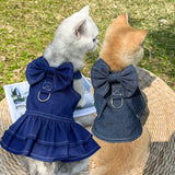 Pet Denim Harness Dress Set (2 Pieces) - M Size (42cm Chest for 5-8 lb Pets) with T-Shirt and Skirt, Bow,and Leash Ring - Side View