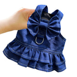 Pet Denim Harness Dress Set (2 Pieces) - M Size (42cm Chest for 5-8 lb Pets) with T-Shirt and Skirt, Bow,and Leash Ring - Top-Down View