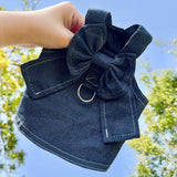 Pet Denim Harness Dress Set (2 Pieces) - 2XL Size (60cm Chest for 14-20 lb Pets) with T-Shirt and Skirt, Bow,and Leash Ring - 45-Degree Angle