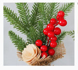 Mini Christmas Pine Tree Decoration - 10.24 Inches Tall with Red Berries and Burlap Base  (4 trees) - Side View