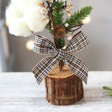 Mini Rustic Christmas Tree Decoration – 9.84 Inches Tall with Cotton and Plaid Bow Accents (4 trees) - Side View