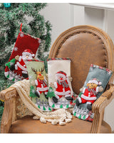 Set of 4 Christmas Stockings with Santa, Reindeer, Snowman, and Teddy Bear - Holiday Mantel Decor - Front View