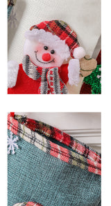Set of 4 Christmas Stockings with Santa, Reindeer, Snowman, and Teddy Bear - Holiday Mantel Decor - Top-Down View