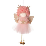 Gold and White Angel Ornament with Bells and Glitter Wings - Christmas Hanging Decoration 16*10*5cm Pink colour (5 pieces) - Front View