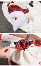 Large Santa Claus Gift Bag with Drawstring Closure - Plaid Christmas Sack for Holiday Presents (3 pieces) - Top-Down View