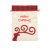 Large Merry Christmas Drawstring Gift Bag with Plaid Accents - Perfect for Holiday Presents (3 pieces) - Front View
