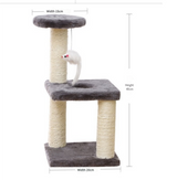 Cat Tree with Two Platforms, Scratching Posts, and Hanging Mouse Toy - Front View