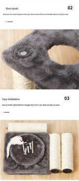 Cat Tree with Two Platforms, Scratching Posts, and Hanging Mouse Toy - Side View