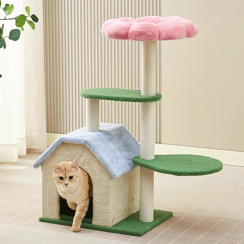 Floral Cat Tree with Cozy Hideaway and Scratching Posts (50x38x90 cm)