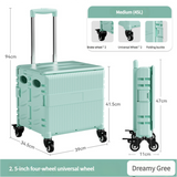 Foldable Rolling Storage Cart with Telescopic Handle - Large Capacity, Portable Utility Box  45L Green - Side View