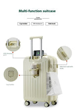 Smart Carry-On Luggage with Cup Holder & USB Charging Port - White Color Spinner Suitcase for Travel Convenience  24 inch - Front View