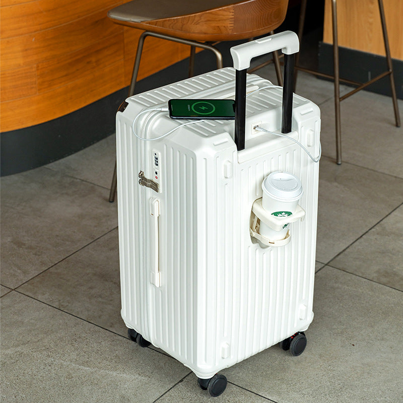 Smart Hard-Shell Luggage with USB Charging Port & Cup Holder - 24Spinner Suitcase in White