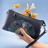 Women's Embossed Peacock Leather Wristlet Clutch - Elegant and Artistic Handbag 23*12*2cm - Front View