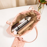 Elegant Quilted Tote Bag with Matching Clutch in White - Front View