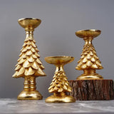 Set of 3 Gold Christmas Tree Candle Holders - Festive Resin Pillar Stands, Elegant Holiday Decor - Side View