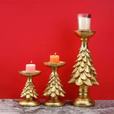 Set of 3 Gold Christmas Tree Candle Holders - Festive Resin Pillar Stands, Elegant Holiday Decor - Top-Down View