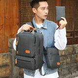 3-Piece  Gray Travel Backpack Set - Stylish Multi-Functional Backpack, Shoulder Bag & Pouch for Men & Women - Side View