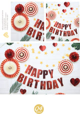 Happy Birthday Party Decoration Set -  Fan Decorations, Hearts, Stars & Banner - Front View