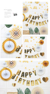 Happy Birthday Party Decoration Set -  Fan Decorations, Hearts, Stars & Banner - Front View