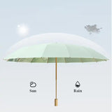 Traditional Chinese Style Folding Umbrella - Green Floral Design with 16-Rib Structure - Front View