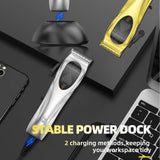 WL-1670 Silver Professional Hair Clipper Set with Adjustable Guards - USB Rechargeable Trimmer with Charging Dock - Front View