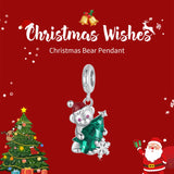 Sterling Silver Santa Bear Pendant - Holiday Pendant with Green Christmas Tree and Santa Hat Design(weighs approximately 2.8g) - Front View