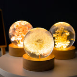 Luminous 3D Dandelion Crystal Ball Beech Wood Stand Base Preserved Flower Sphere Ball Desktop Ornaments Bithday Christmas Gifts - Front View