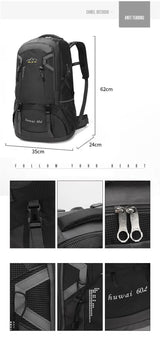 Large 60L Black Waterproof Hiking Backpack for Travel, Camping, and Outdoor Adventures - Durable and Lightweight - Front View