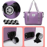 Pink Large Capacity Foldable Travel Bags with Wheels - Lightweight Waterproof Duffel Totes - Side View