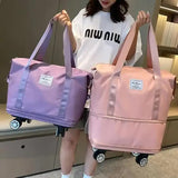 Blue Large Capacity Foldable Travel Bags with Wheels - Lightweight Waterproof Duffel Totes - Top-Down View