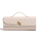 Beige Luxury Woven PU Leather Clutch - Elegant Women's Evening Baguette Bag with Adjustable Shoulder Strap