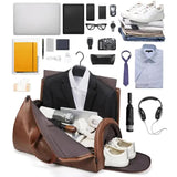 Red PU Leather Travel Duffel Bag - Large Capacity Waterproof Suit Bag with Shoe Compartment - Top-Down View