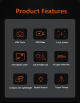 Black Digital Night Vision Binoculars - 3.0'' IPS Screen, 10X Optical Zoom, 2.5K Video Recording, Infrared for 300m Range