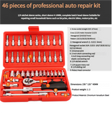 46-Piece Professional Socket Wrench Set - 1/4 Drive, Chrome Vanadium Steel, Ratchet & Bit Kit for Automotive and Household Repairs Black Box - 45-Degree Angle