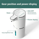 White Automatic Foaming Soap Dispenser with Rechargeable Battery, Touch Control, and 380ml Capacity - IPX5 Waterproof