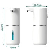 White Automatic Foaming Soap Dispenser with Rechargeable Battery, Touch Control, and 380ml Capacity - IPX5 Waterproof - 45-Degree Angle