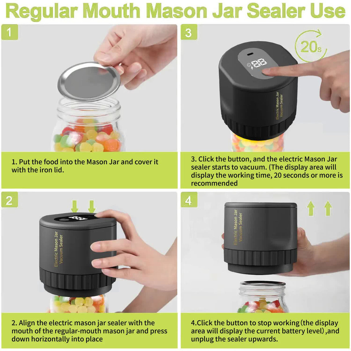 Portable Vacuum Sealer for Mason Jars,Regular Model KZ-80 (60 sec stop or manual stop) - Black Elect