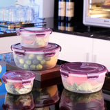 Purple Round Plastic Food Storage Containers Set - Microwave-Safe Bento Boxes with Airtight Lids for Kitchen and Fridge - 45-Degree Angle
