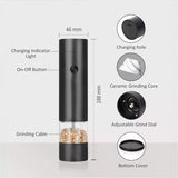 Rechargeable Electric Salt and Pepper Grinder Set (Includes Two Grinders) - Adjustable Ceramic Grinding Core with USB Charging - Side View