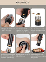 Rechargeable Electric Salt and Pepper Grinder Set (Includes Two Grinders) - Adjustable Ceramic Grinding Core with USB Charging - 45-Degree Angle