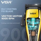 VGR Professional Hair Clipper Set - 9000 RPM Vector Motor, Rechargeable Cordless Grooming Kit with Accessories - Side View